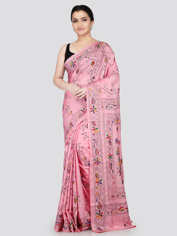 PinkLoom Women's Pink Embroidered Kantha Work Silk Saree