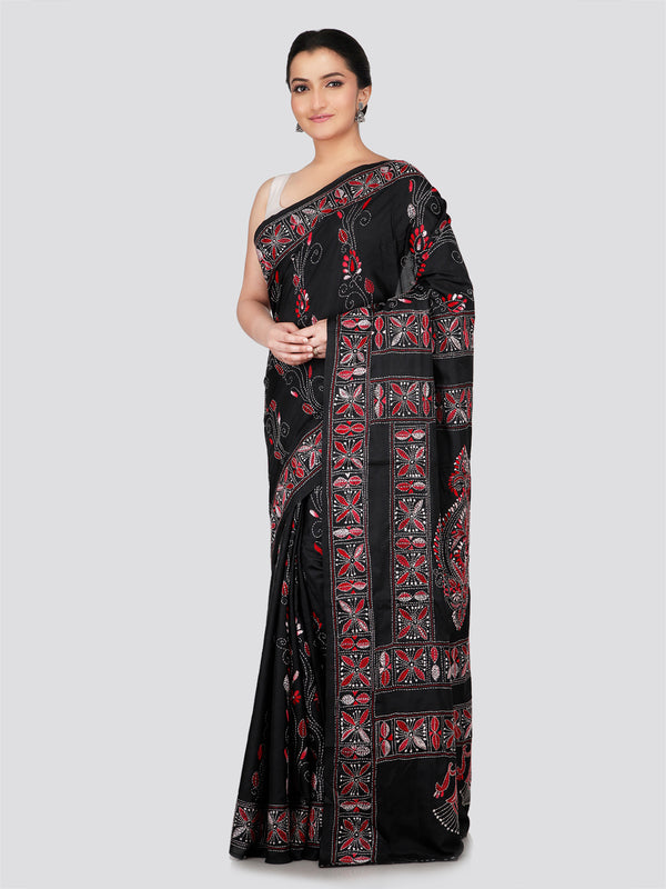 PinkLoom Women's Black Embroidered Kantha Work Silk Saree