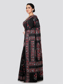PinkLoom Women's Black Embroidered Kantha Work Silk Saree