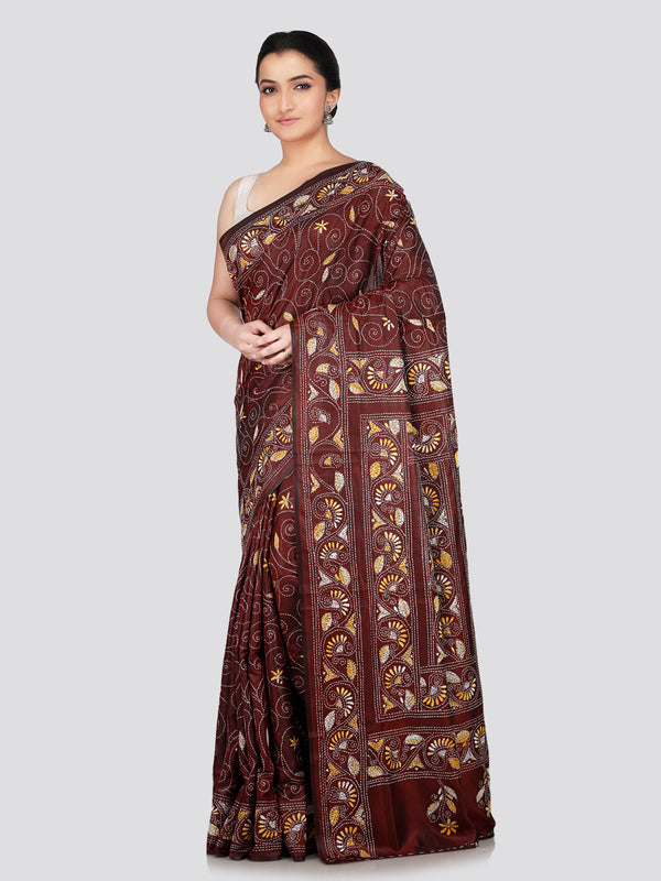 PinkLoom Women's Brown Embroidered Kantha Work Silk Saree