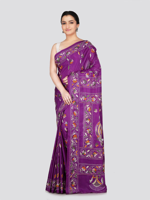 PinkLoom Women's Purple Embroidered Kantha Work Silk Saree