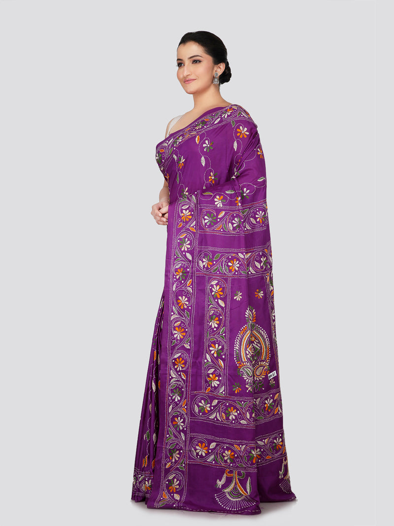 PinkLoom Women's Purple Embroidered Kantha Work Silk Saree