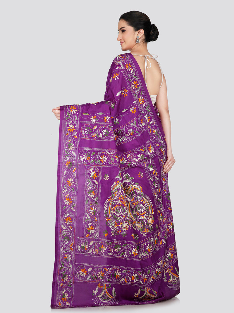 PinkLoom Women's Purple Embroidered Kantha Work Silk Saree