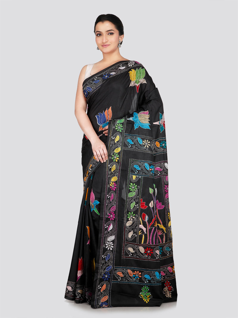 PinkLoom Women's Black Embroidered Kantha Work Silk Saree