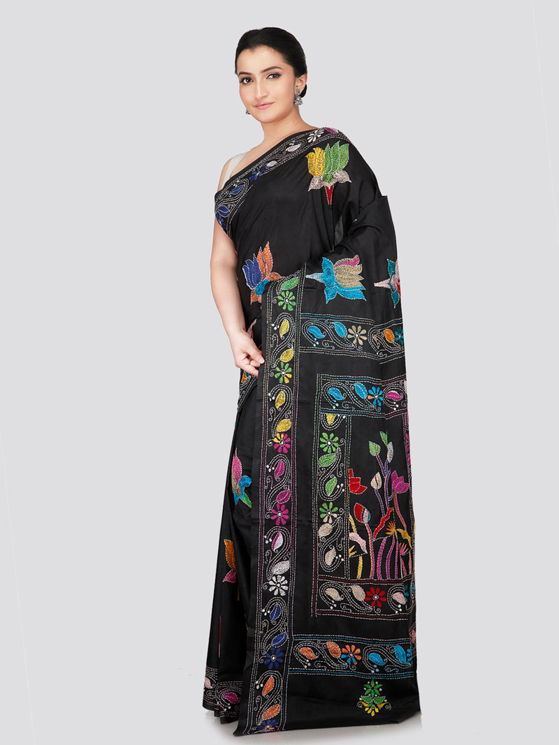 PinkLoom Women's Black Embroidered Kantha Work Silk Saree