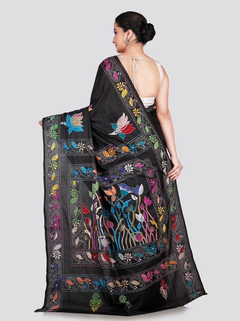 PinkLoom Women's Black Embroidered Kantha Work Silk Saree