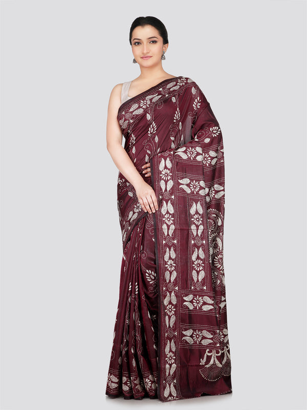 PinkLoom Women's Brown Embroidered Kantha Work Silk Saree