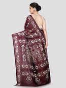 PinkLoom Women's Brown Embroidered Kantha Work Silk Saree