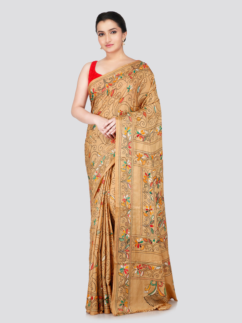 PinkLoom Women's Beige Embroidered Kantha Work Silk Saree