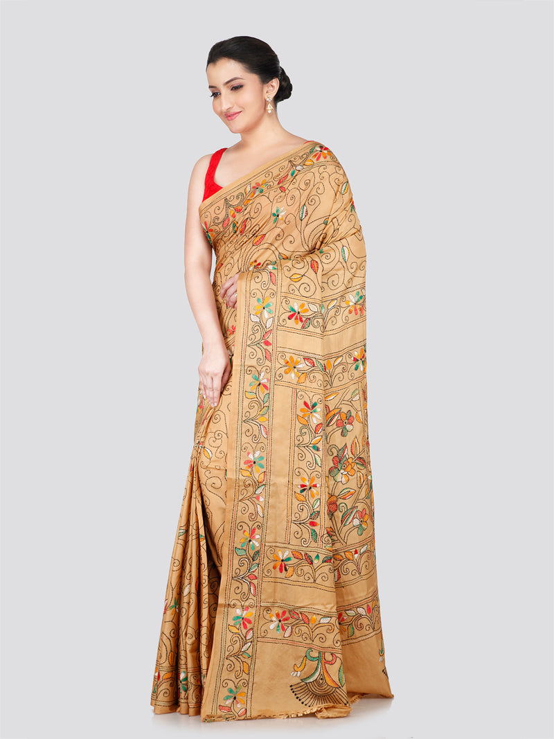 PinkLoom Women's Beige Embroidered Kantha Work Silk Saree