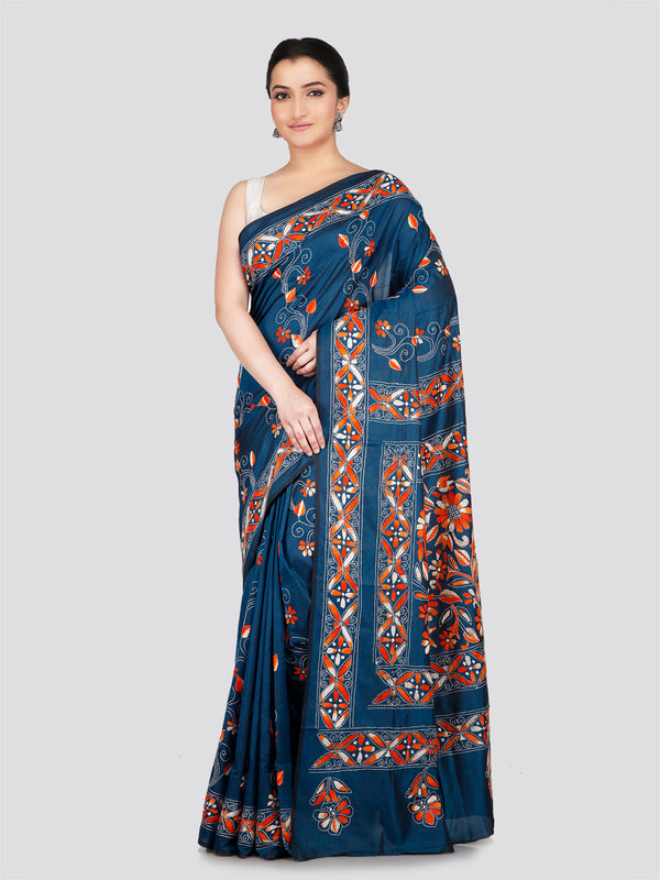 PinkLoom Women's Blue Embroidered Kantha Work Silk Saree