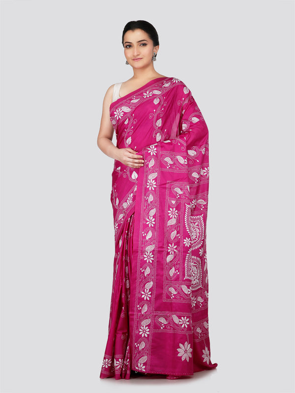 PinkLoom Women's Pink Embroidered Kantha Work Silk Saree