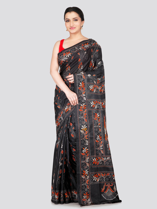 PinkLoom Women's Black Embroidered Kantha Work Silk Saree