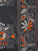 PinkLoom Women's Black Embroidered Kantha Work Silk Saree