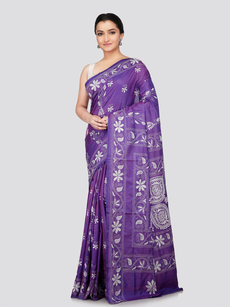 PinkLoom Women's Purple Embroidered Kantha Work Silk Saree