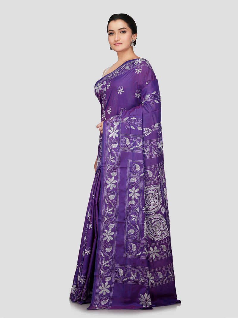 PinkLoom Women's Purple Embroidered Kantha Work Silk Saree