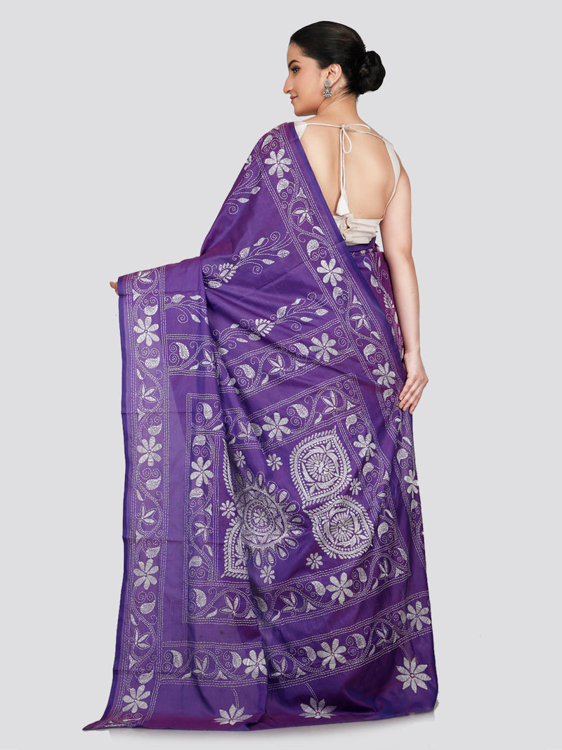 PinkLoom Women's Purple Embroidered Kantha Work Silk Saree