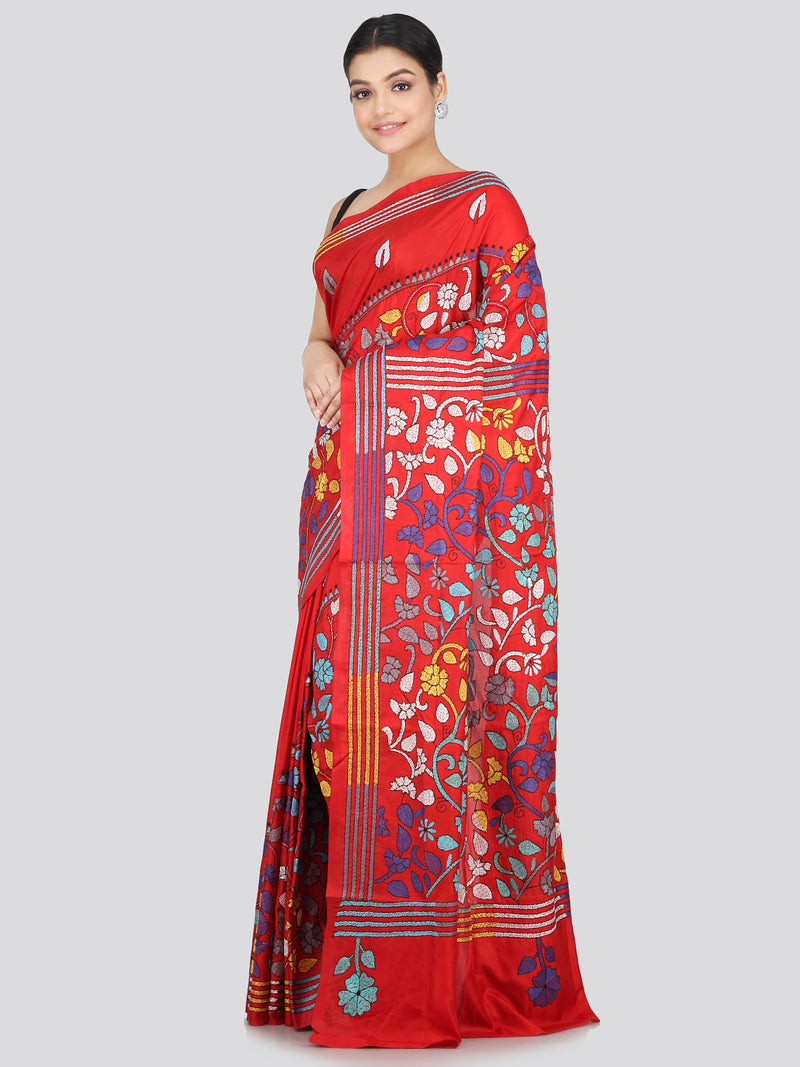 PinkLoom Women's Silk Katha Stich Saree With Unstitched Blouse Piece