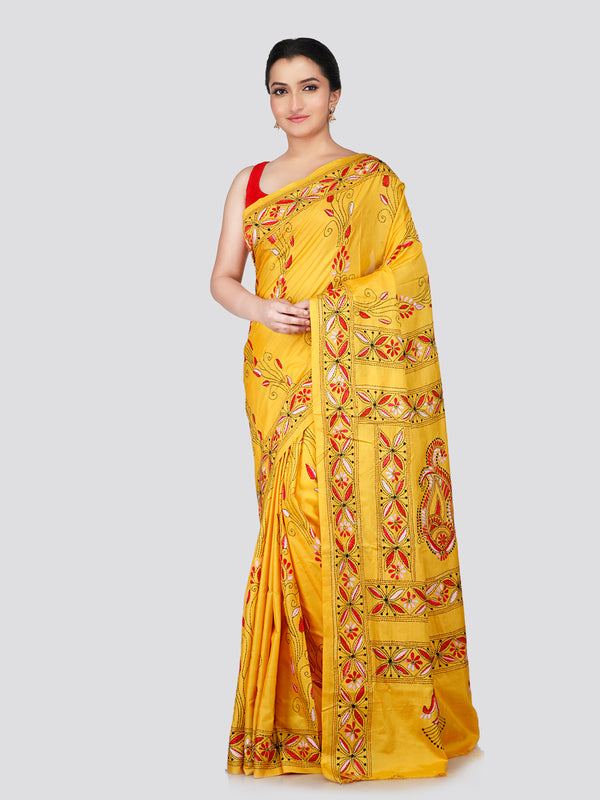 PinkLoom Women's Yellow Embroidered Kantha Work Silk Saree