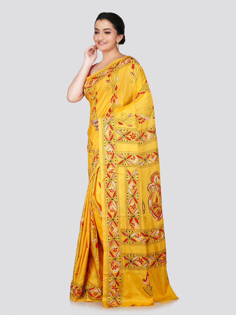 PinkLoom Women's Yellow Embroidered Kantha Work Silk Saree