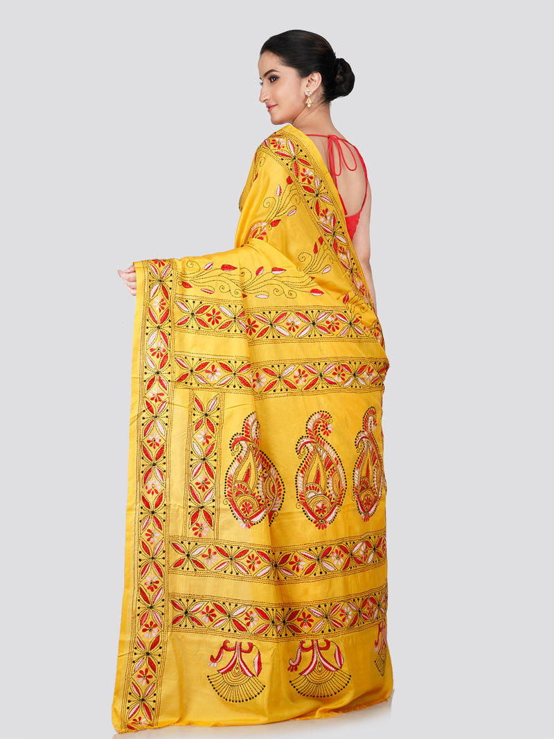 PinkLoom Women's Yellow Embroidered Kantha Work Silk Saree