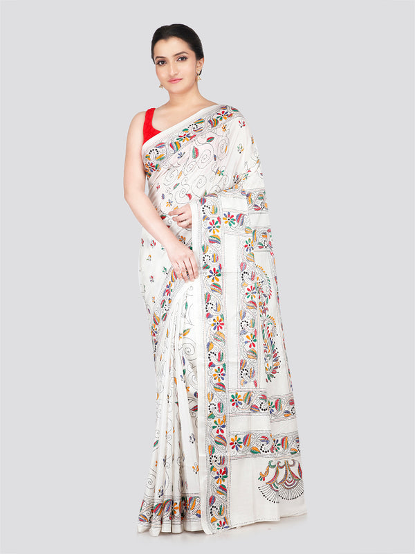 PinkLoom Women's White Embroidered Kantha Work Silk Saree