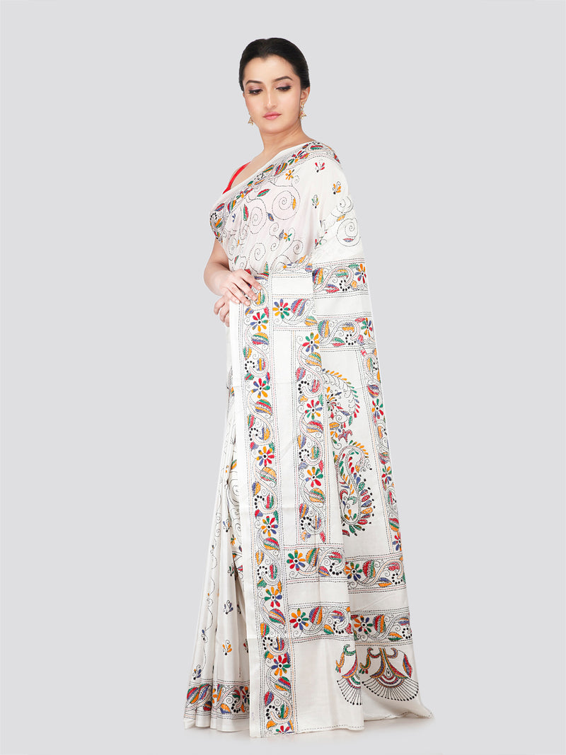 PinkLoom Women's White Embroidered Kantha Work Silk Saree