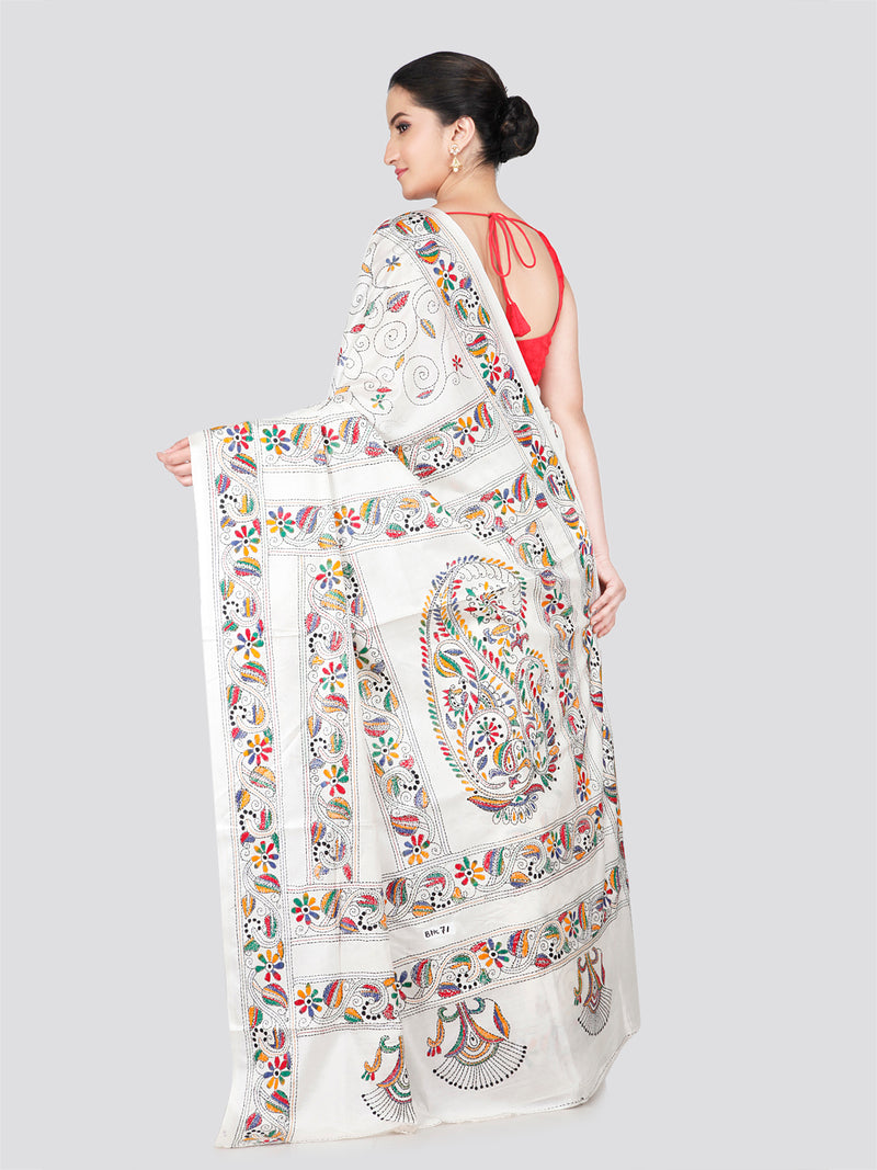 PinkLoom Women's White Embroidered Kantha Work Silk Saree