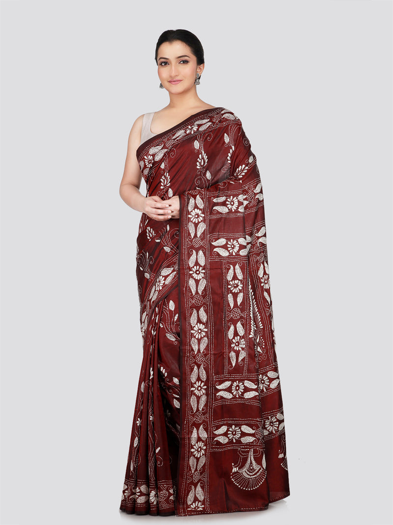 PinkLoom Women's Brown Embroidered Kantha Work Silk Saree