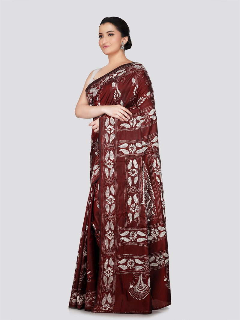 PinkLoom Women's Brown Embroidered Kantha Work Silk Saree