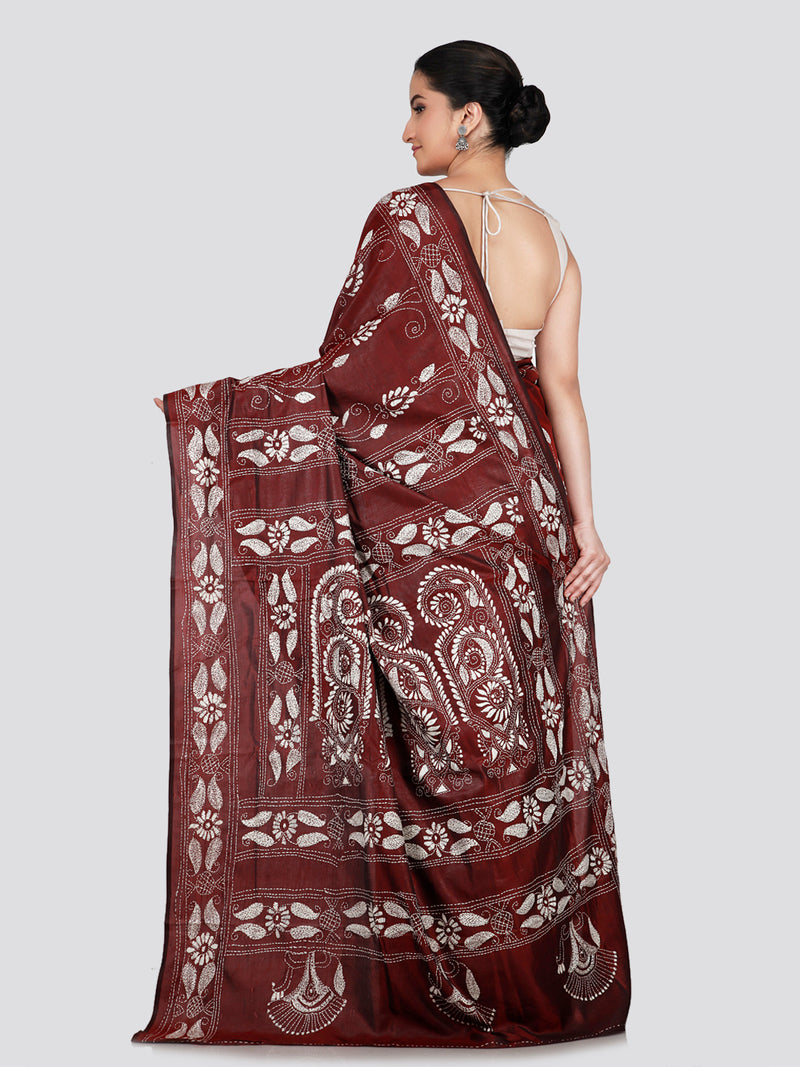 PinkLoom Women's Brown Embroidered Kantha Work Silk Saree