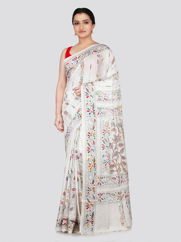 PinkLoom Women's White Embroidered Kantha Work Silk Saree