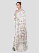 PinkLoom Women's White Embroidered Kantha Work Silk Saree