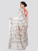 PinkLoom Women's White Embroidered Kantha Work Silk Saree