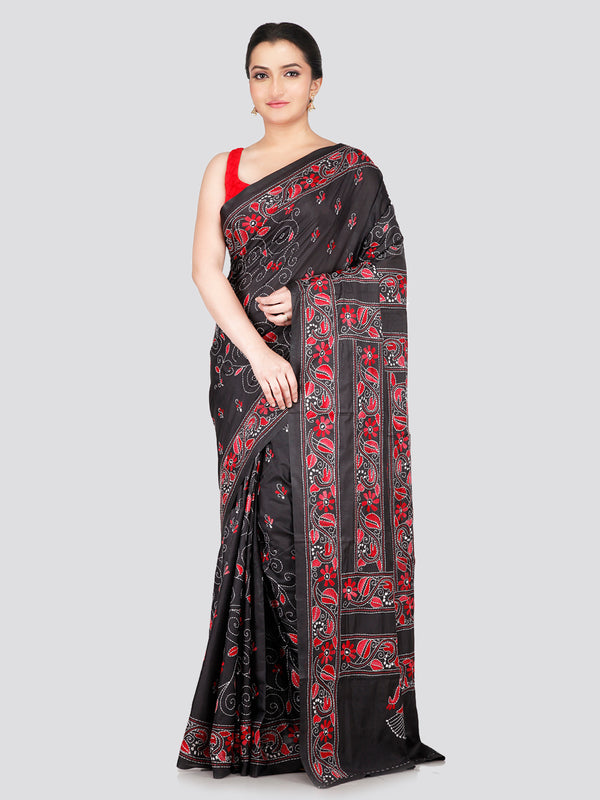 PinkLoom Women's Black Embroidered Kantha Work Silk Saree