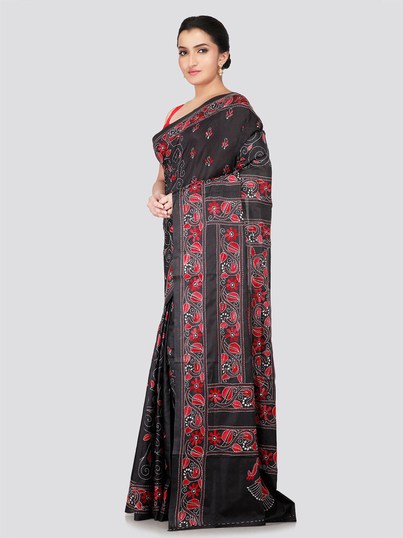 PinkLoom Women's Black Embroidered Kantha Work Silk Saree