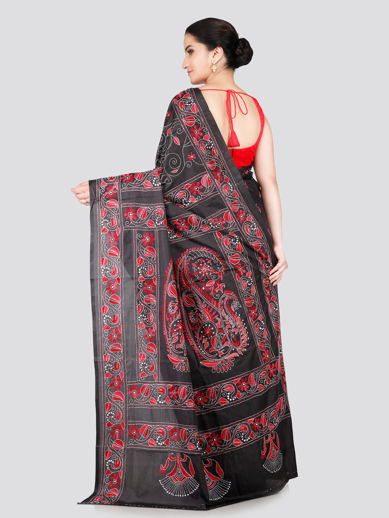 PinkLoom Women's Black Embroidered Kantha Work Silk Saree