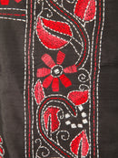 PinkLoom Women's Black Embroidered Kantha Work Silk Saree