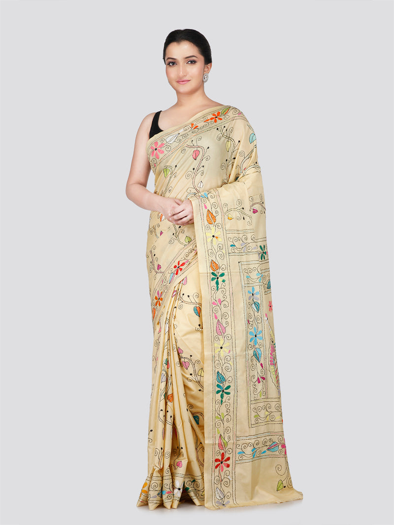 PinkLoom Women's Beige Embroidered Kantha Work Silk Saree