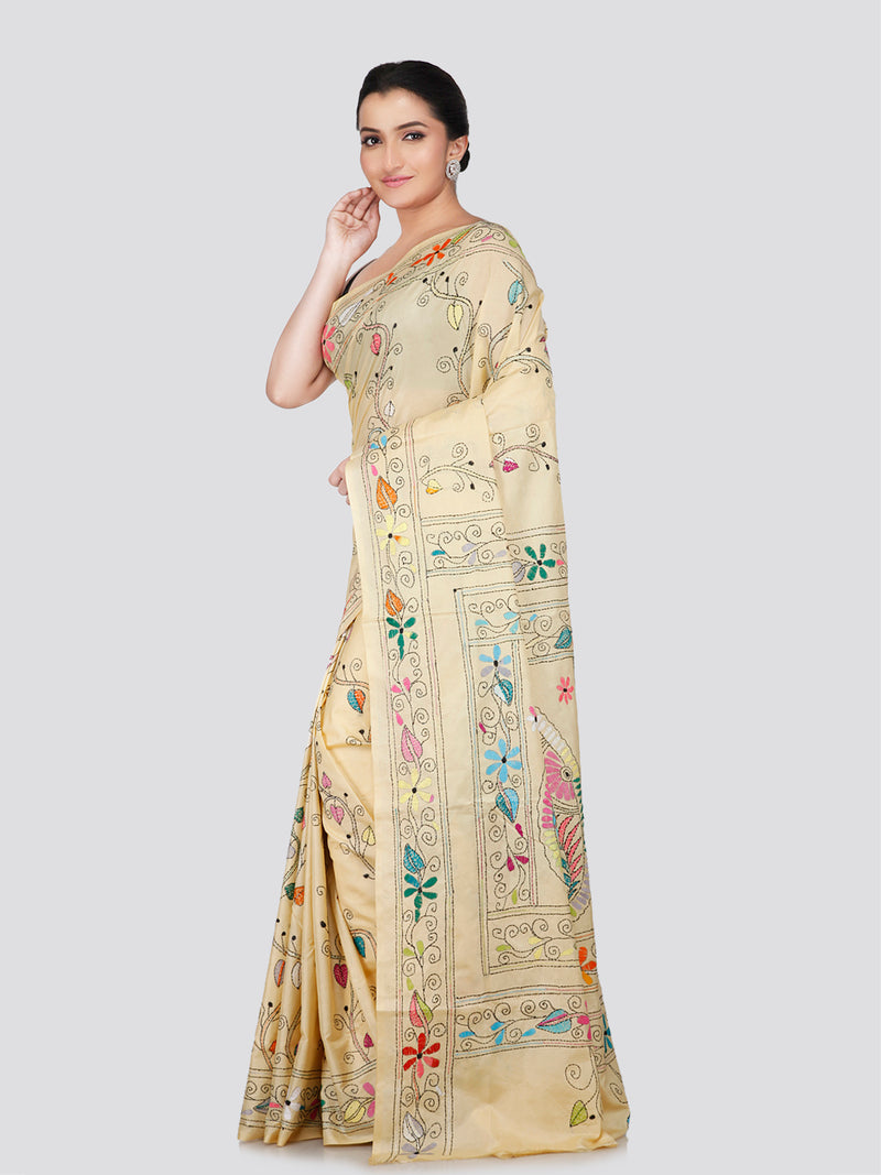 PinkLoom Women's Beige Embroidered Kantha Work Silk Saree