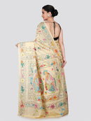 PinkLoom Women's Beige Embroidered Kantha Work Silk Saree