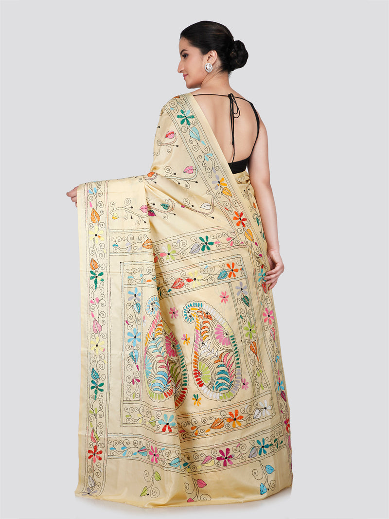 PinkLoom Women's Beige Embroidered Kantha Work Silk Saree