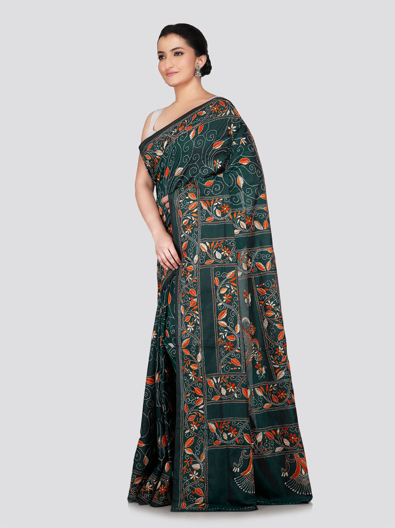 PinkLoom Women's Green Embroidered Kantha Work Silk Saree