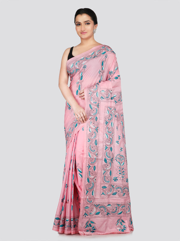 PinkLoom Women's Pink Embroidered Kantha Work Silk Saree