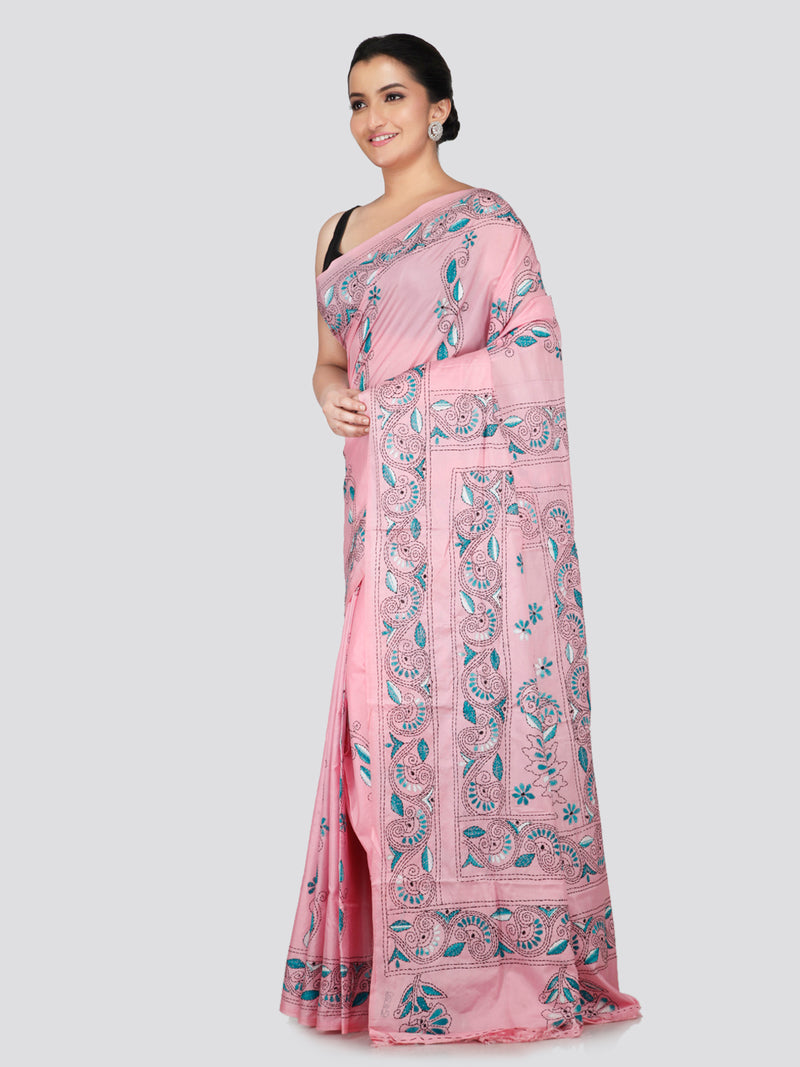 PinkLoom Women's Pink Embroidered Kantha Work Silk Saree