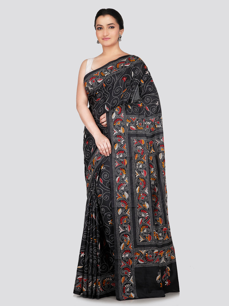 PinkLoom Women's Black Embroidered Kantha Work Silk Saree