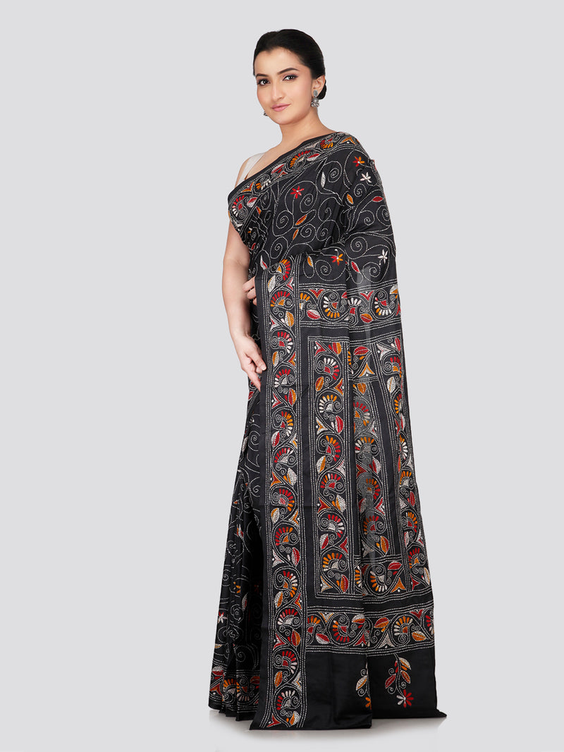 PinkLoom Women's Black Embroidered Kantha Work Silk Saree