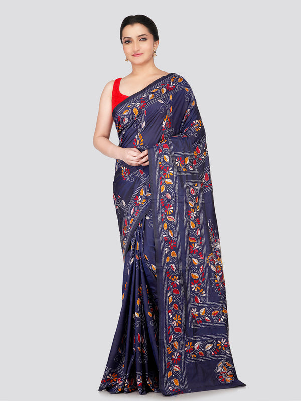 PinkLoom Women's Blue Embroidered Kantha Work Silk Saree