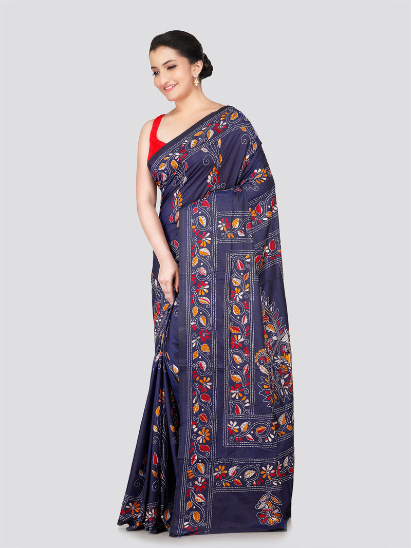 PinkLoom Women's Blue Embroidered Kantha Work Silk Saree