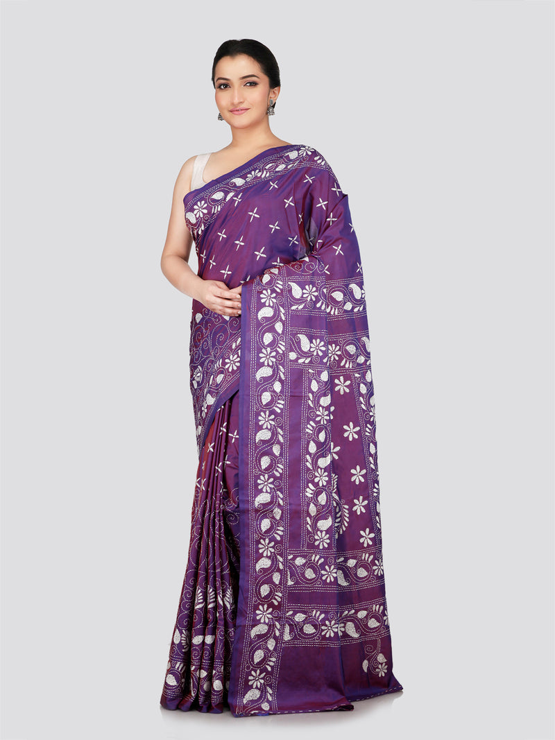 PinkLoom Women's Purple Embroidered Kantha Work Silk Saree